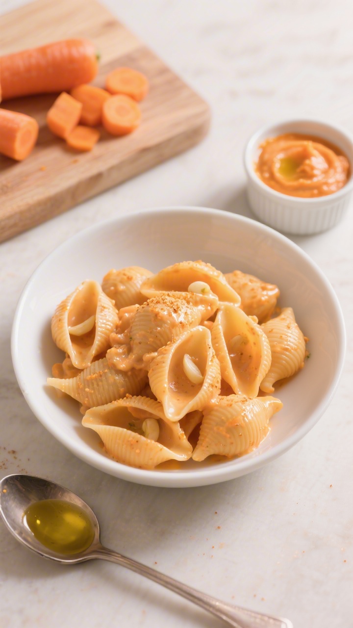 Overhead shot of creamy carrot Alfredo shells in a shallow white bowl: small pasta shells coated in a velvety carrot-olive oil sauce with a hint of garlic powder, glossy from low-sodium broth reduction, softly steaming. Beside the bowl, a small ramekin of extra carrot purée, a drizzle of olive oil, peeled-and-chopped raw carrots on a wooden board, and a spoon to show the melt-in-the-mouth texture. Light, pastel styling with warm tones to emphasize the orange creaminess and toddler-friendly softness; no people, professional soft daylight, minimal props.