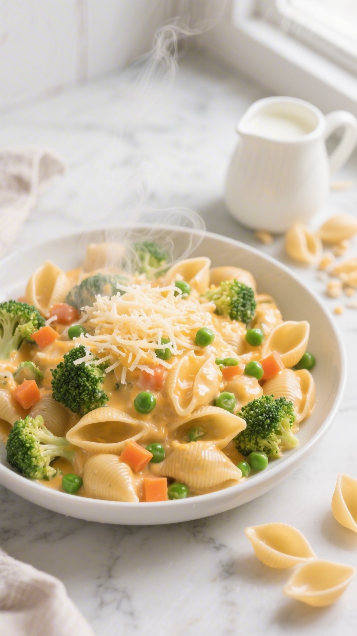 Overhead shot of creamy cheesy veggie pasta shells in a shallow white bowl: small pasta shells coated in a glossy cheese sauce with visible finely chopped broccoli florets, tiny diced carrots, and bright green peas; extra shredded cheese melting on top, steam rising. Styled on a light marble surface with a small pitcher of milk and a scattered handful of uncooked mini shells to the side; warm, kid-friendly mood, soft natural window light, shallow depth for appetizing shine.