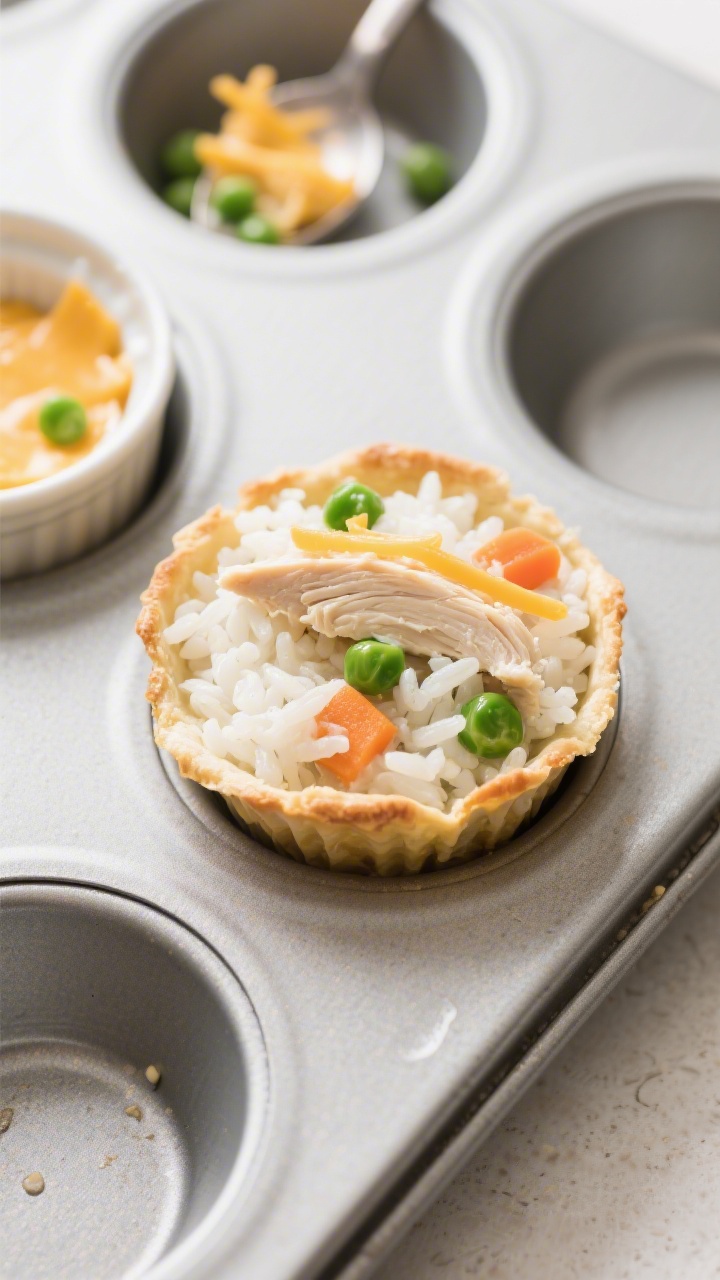 Overhead shot of creamy chicken and veggie rice cups baked in a nonstick muffin tin: fluffy white jasmine rice mixed with finely chopped rotisserie chicken, tiny steamed peas and carrots, mild shredded cheddar melting into the grains, and a glossy touch of plain Greek yogurt binding everything. One cup is cut open to show the creamy, cheesy interior; a small ramekin with extra cheddar and a spoon with peas/carrots nearby. Clean, bright light, neutral ceramic surface, no people.