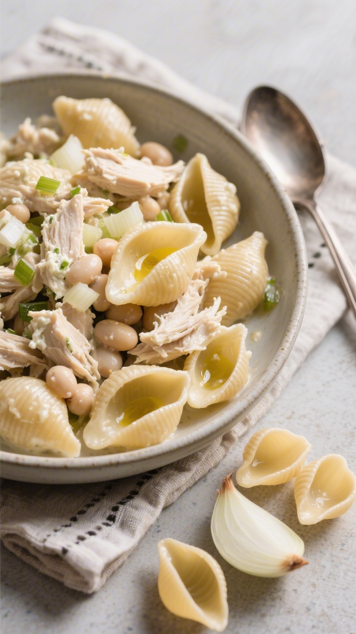 Overhead shot of creamy chicken and white bean pasta shells: small pasta shells coated in a glossy sauce of low-sodium chicken broth and cream cheese, with finely chopped shallot (or onion) and a hint of garlic. Tender shredded chicken and creamy white beans folded in, finished with a drizzle of olive oil. Served in a shallow wide bowl on a linen napkin; a spoon resting to the side and uncooked shells and a halved shallot as styling elements.