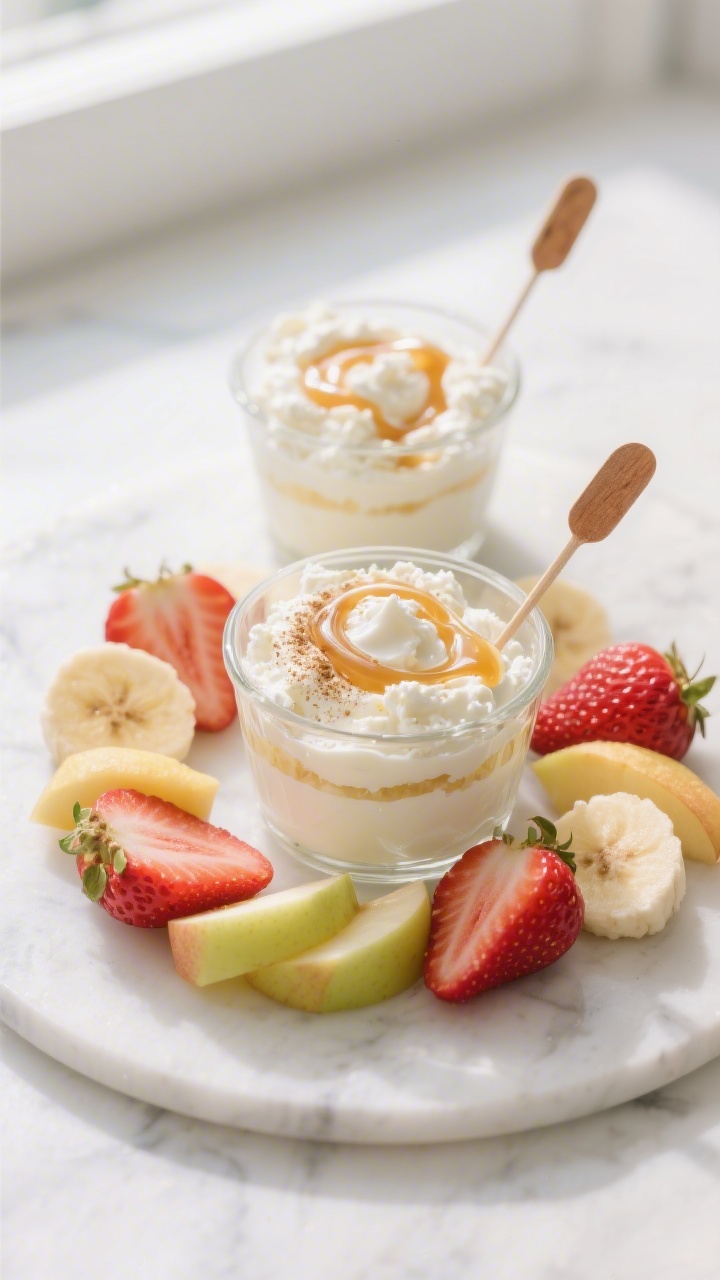 Overhead shot of creamy cottage cheese fruit dip cups: small clear glass cups layered with whipped full-fat cottage cheese blended with Greek yogurt, a swirl of honey and vanilla, lightly dusted with cinnamon; served with a ring of colorful fruit dippers (strawberry halves, banana slices, apple wedges) on a white marble surface, soft natural window light, minimal props, focus on the silky texture and glossy drizzle.