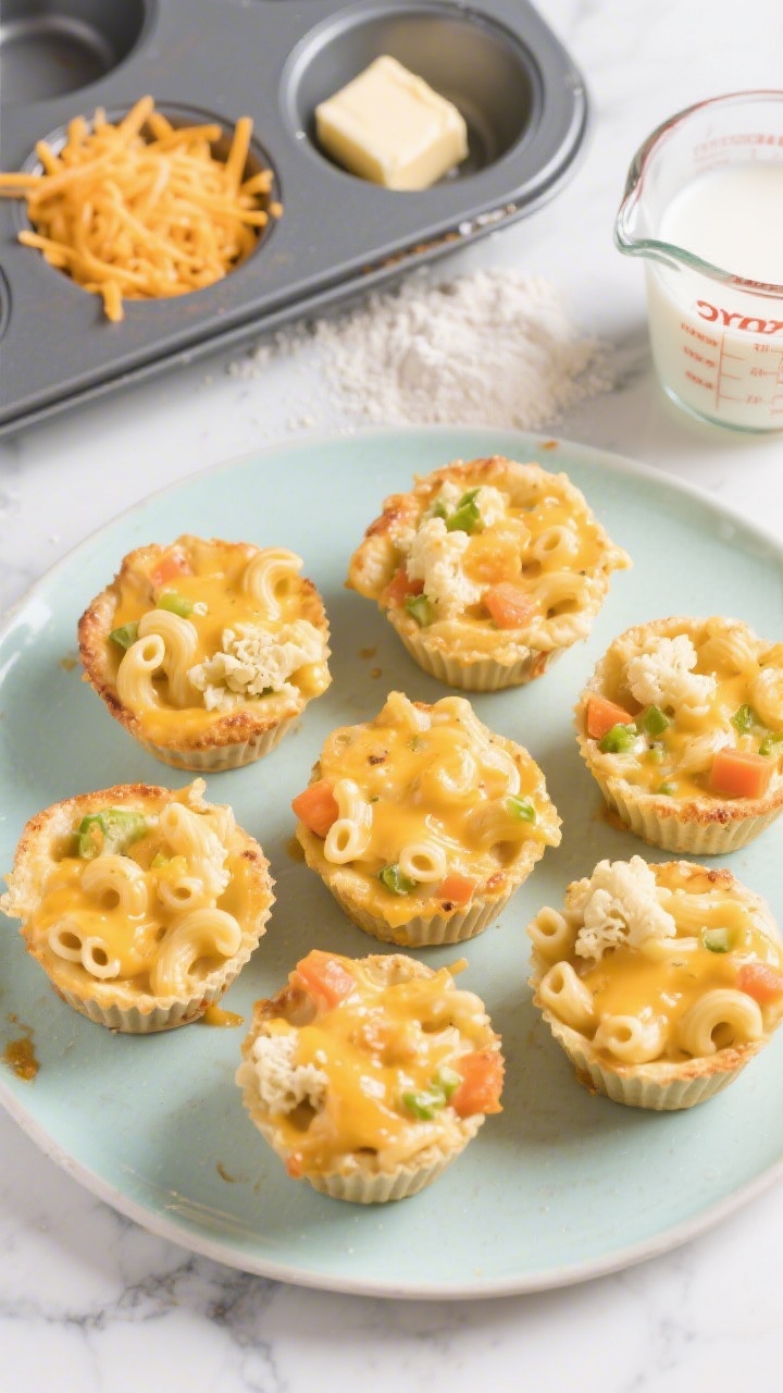 Overhead shot of creamy hidden-veggie mac ’n’ cheese baked in mini muffin tin cups, golden and bubbly, with tiny elbows pasta coated in a silky cheese sauce; visible fine flecks of finely chopped cauliflower and carrots peeking through. Style on a white marble surface with a small bowl of extra shredded mild cheddar, pats of unsalted butter, a dusting of flour, and a splash-stained measuring cup of whole milk in frame. Warm, soft light, shallow shadows, kid-friendly bite-size presentation on a pale pastel plate.
