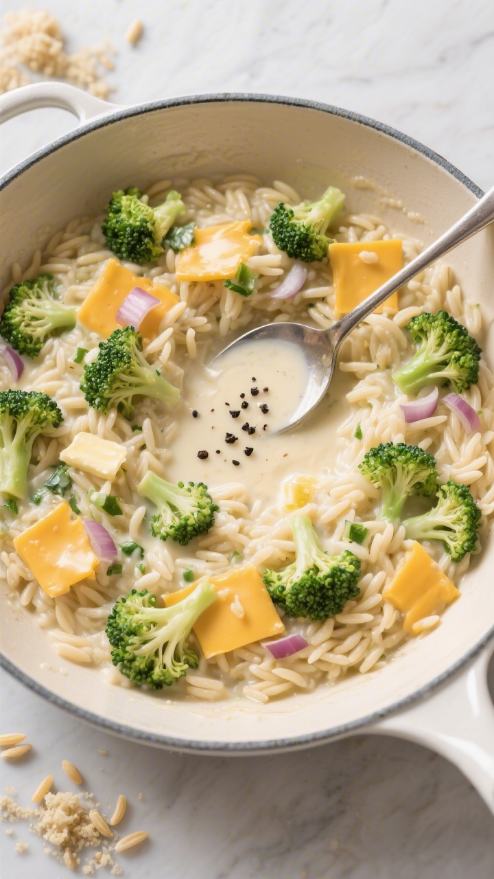Overhead shot of creamy one-pot broccoli cheddar orzo “risotto” in a wide enameled skillet: tender orzo bathed in a silky sauce made with warmed low-sodium broth, butter, and melted cheddar, generously studded with finely chopped broccoli florets and tiny shallot bits. A spoon creating a creamy wake through the center, a pinch of black pepper on top, and a few raw orzo grains and broccoli crumbs artfully scattered around for context.