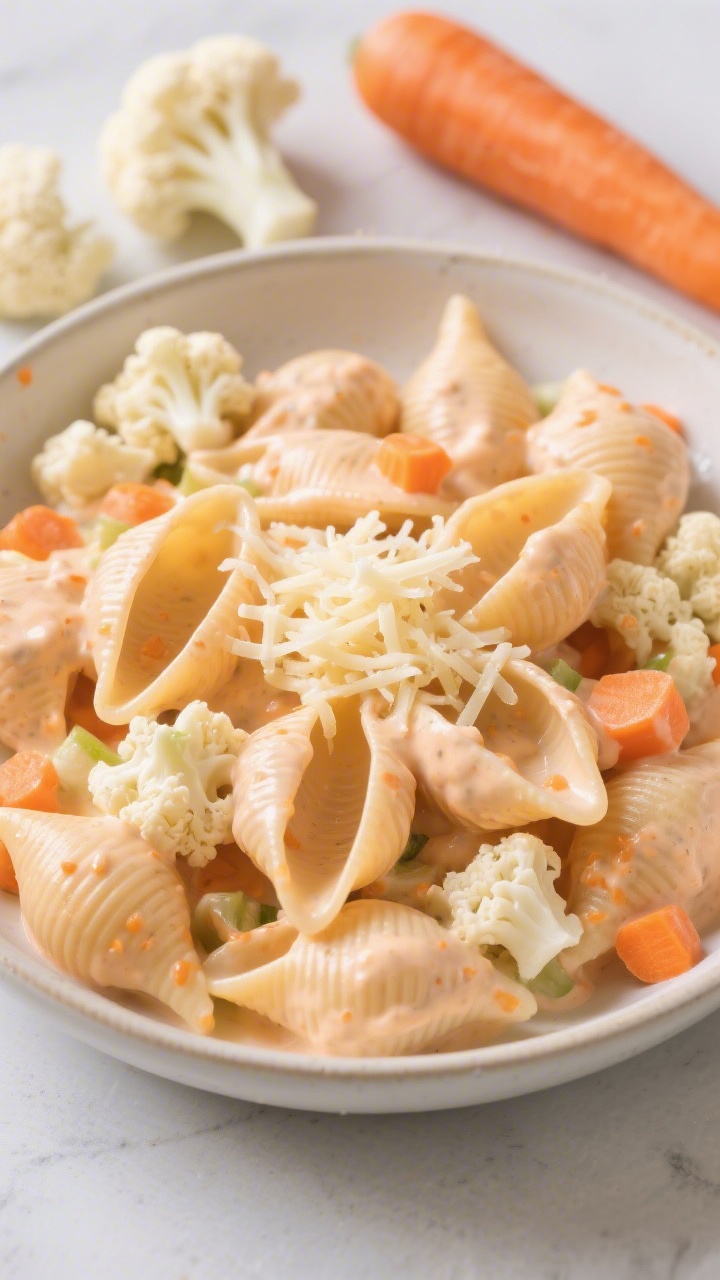 Overhead shot of Creamy Veggie Pasta Shells with “No-Fuss” Sauce in a wide, shallow bowl: small pasta shells coated in a smooth, velvety sauce blended from cauliflower florets, carrot, milk (noted dairy or unsweetened plant milk), and shredded mild cheese; sauce clinging to every curve, pale orange-cream hue with tiny carrot specks; a reserved sprinkle of shredded cheese melting on top; nearby are the raw cauliflower florets and a peeled carrot chunk as subtle props; bright, family-friendly vibe.