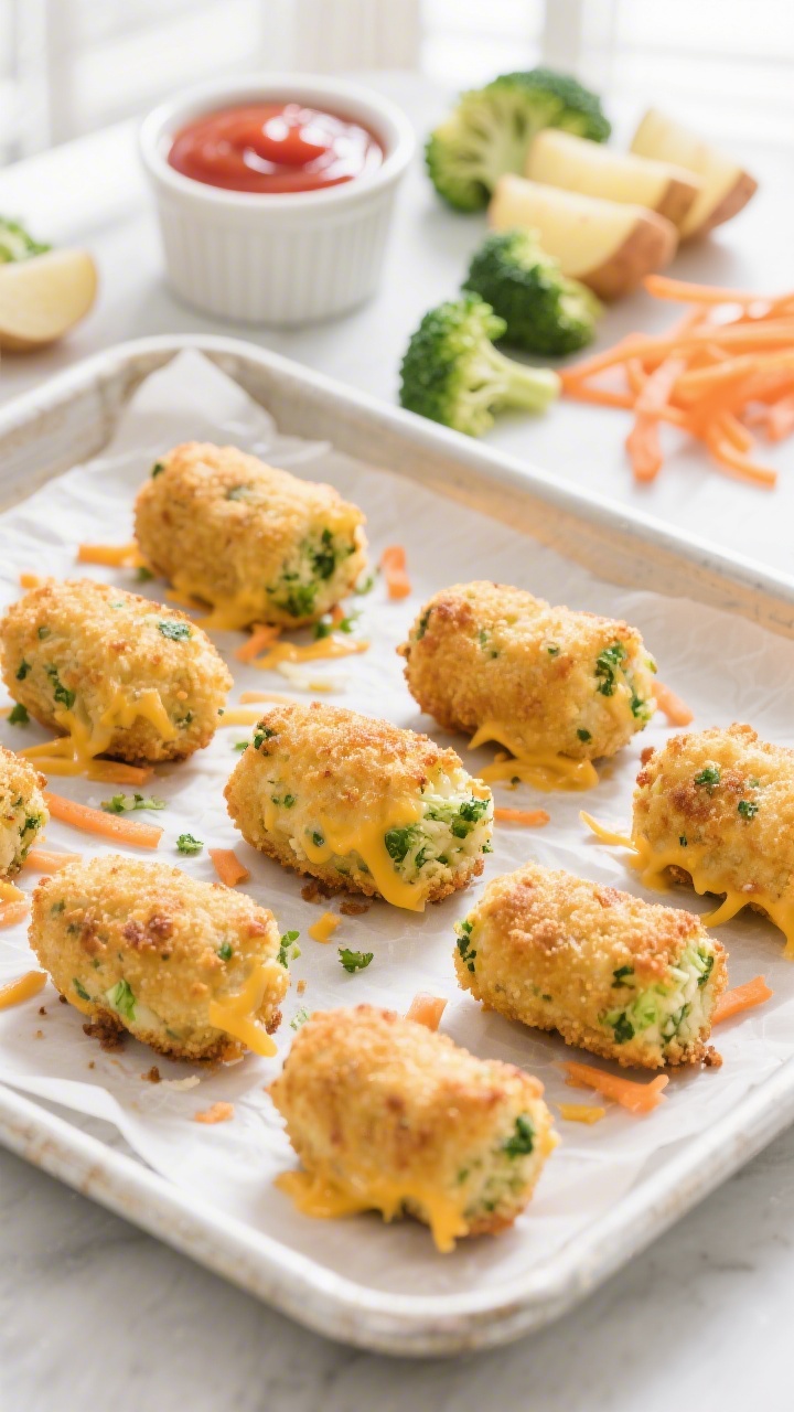 Overhead shot of crispy baked veggie tots arranged on a parchment-lined sheet pan, golden edges visible, with flecks of finely chopped broccoli, shredded russet potatoes, and finely grated carrots peeking through, melted mild cheddar binding the texture; a small ramekin of ketchup for dipping, scattered raw broccoli florets, potato shreds, and carrot ribbons in the background for context; bright, kid-friendly mood, natural window light, high contrast to emphasize crunch.