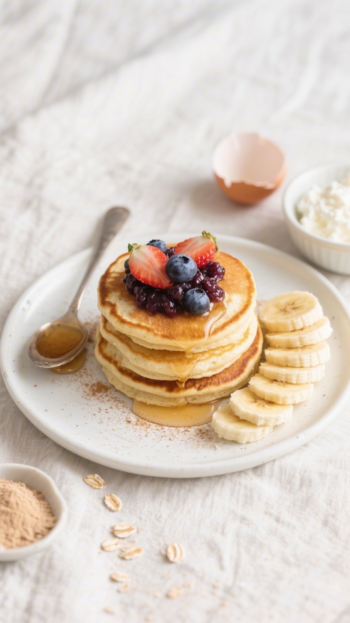 Overhead shot of fluffy banana cottage cheese pancakes stacked toddler-size on a small white plate, golden edges with visible oat flour texture and a light cinnamon dusting; a chunky berry smash (mashed blueberries and strawberries) spooned over the top, maple syrup bead at the rim, and a sliced ripe banana fan on the side; props include a small bowl of full-fat cottage cheese, cracked egg shell, and a pinch bowl of baking powder on a pale linen, bright morning light, crisp focus, no people.