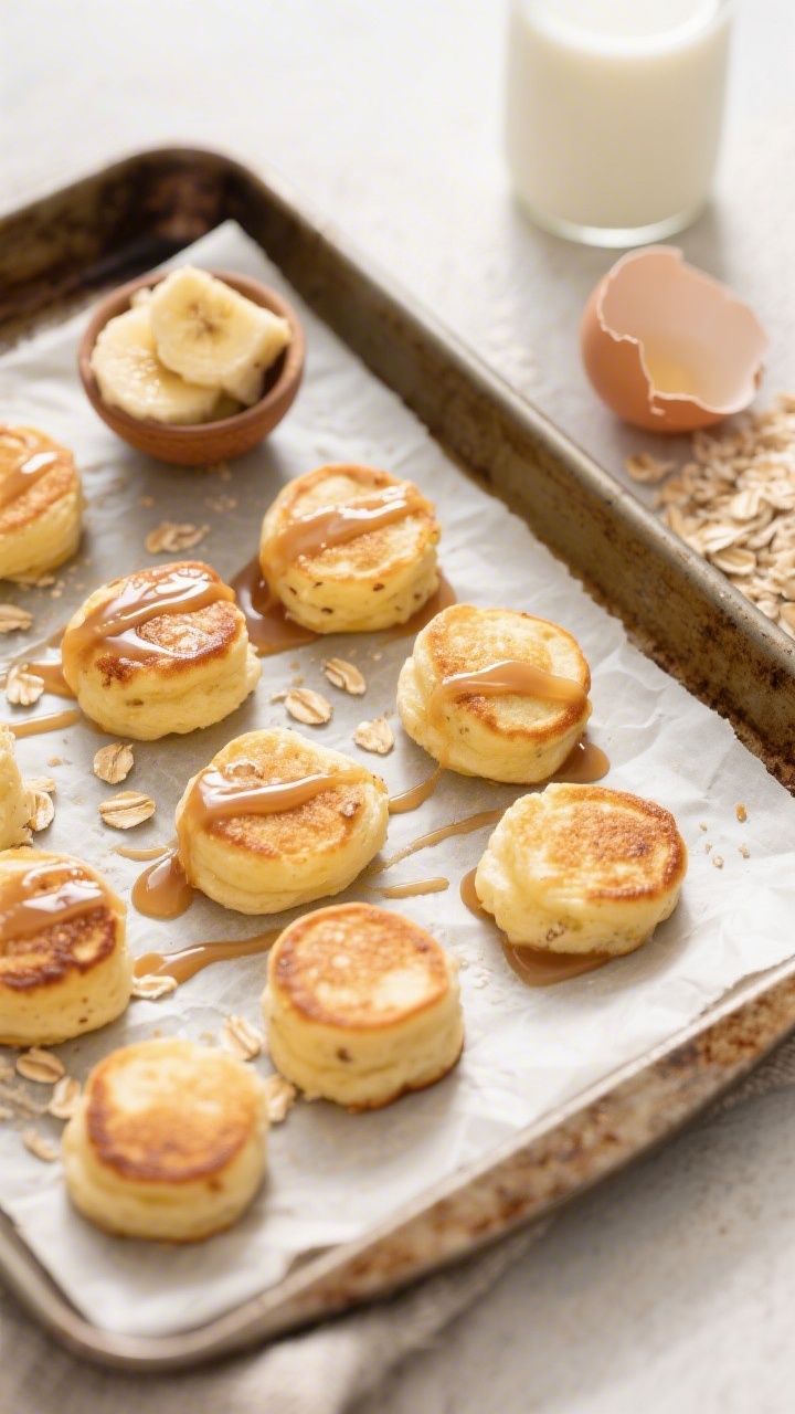 Overhead shot of fluffy banana pancake bites on a parchment-lined sheet, golden and bite-sized with a few oat flecks visible; a small bowl of mashed ripe banana, a cracked egg shell, quick oats, all-purpose flour, and a splash of milk styled around the pan; warm morning light, minimal props, maple drizzle glistening on a few bites, soft focus on pillowy texture.