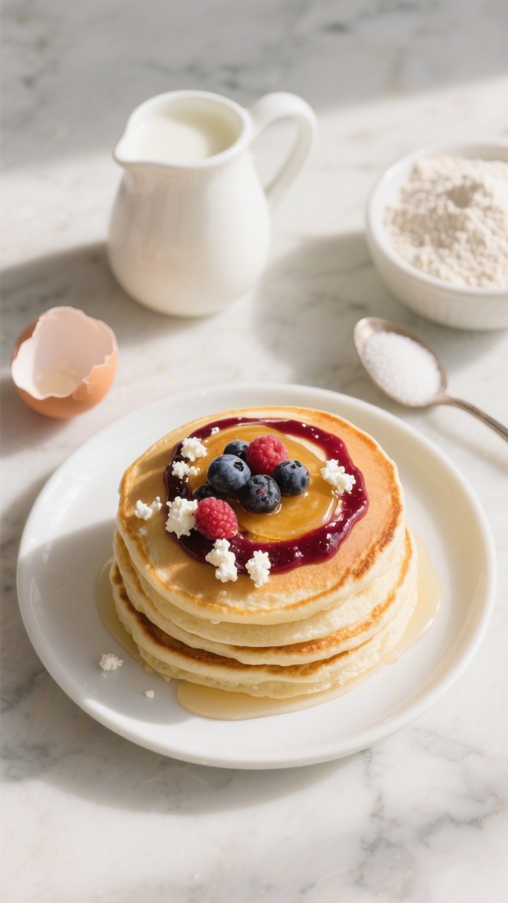 Overhead shot of fluffy cottage cheese pancake stacks on a white plate, swirled with a vivid mixed-berry puree and a drizzle of honey, visible small-curd cottage cheese flecks in the tender crumb; props include a small pitcher of milk, cracked eggshells, a scoop of white whole wheat flour, and a spoon of sugar on a light marble surface; warm morning light, soft shadows, crisp textures, professional styling.