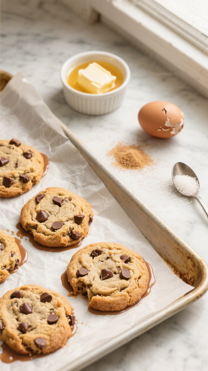 Overhead shot of freshly baked chewy chocolate chip cookies on a parchment-lined sheet pan, golden edges with gooey melted semi-sweet chocolate chips pooling in the cracks; a small bowl of melted, slightly cooled unsalted butter, a ramekin of packed light brown sugar, granulated sugar sprinkled nearby, a cracked room-temperature egg, and a teaspoon with vanilla extract to the side; warm, homey mood on a light marble surface, soft natural window light, shallow depth of field emphasizing the classic cookie texture.