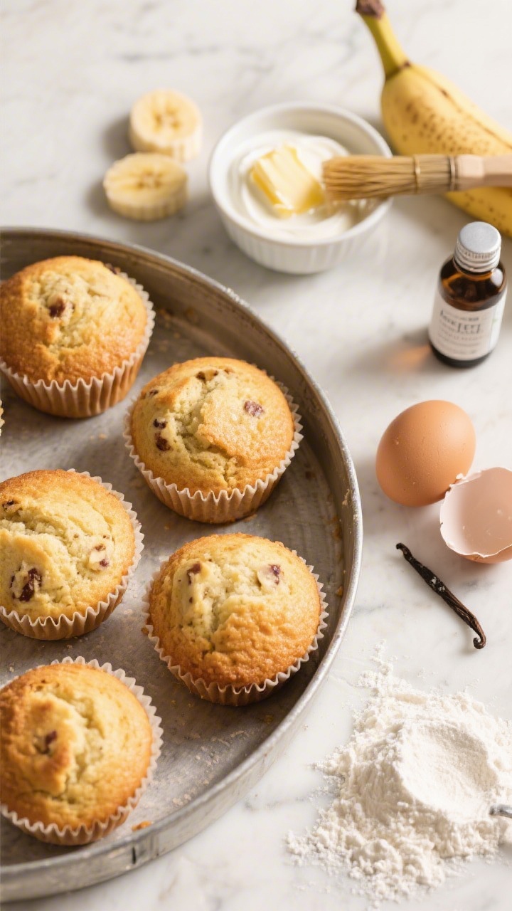 Overhead shot of freshly baked fluffy banana Greek yogurt muffins cooling in a tin, golden tops with a soft crumb, sliced ripe bananas and a small bowl of plain full-fat Greek yogurt nearby, a dish of melted unsalted butter with a brush, vanilla extract bottle, two cracked eggshells, and a dusting of flour on a light marble surface; warm morning light, minimal props, focus on moist texture and banana flecks.