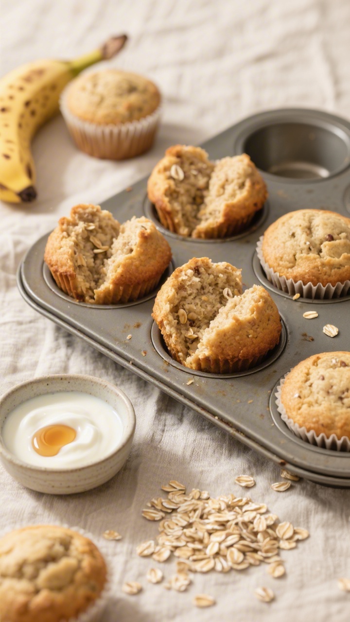 Overhead shot of freshly baked fluffy banana oat blender muffins cooling in a muffin tin on a light linen, a few split open to show moist crumb with visible oat flecks; nearby a small bowl of plain whole-milk yogurt, a drizzle of maple syrup, spotty ripe bananas, and rolled oats scattered for context; warm, cozy morning light, neutral ceramics, no refined sugar styling notes, professional food styling.