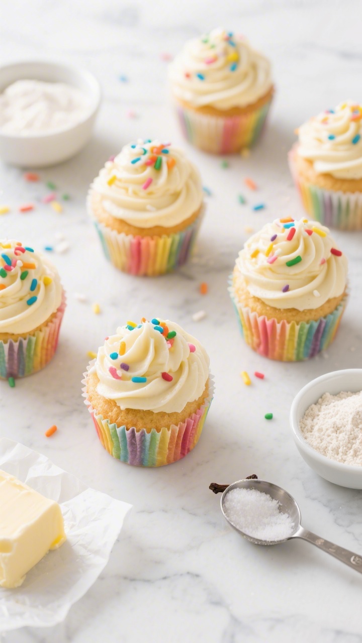 Overhead shot of freshly baked Rainbow Confetti Cupcakes on a white marble surface: vanilla cupcakes made with all-purpose flour, baking powder, fine salt, butter, granulated sugar, eggs, and pure vanilla extract, studded with colorful rainbow sprinkles inside and on top. Swirls of fluffy vanilla buttercream crowned with extra confetti sprinkles, scattered dry ingredients in small bowls at the edge (flour, baking powder, pinch of salt), softened butter on parchment, and a measuring spoon of vanilla. Bright, kid-party mood, crisp lighting, vibrant colors, no people.