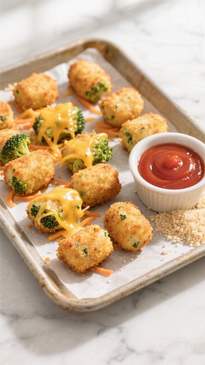 Overhead shot of golden-baked cheesy veggie tots arranged on a parchment-lined sheet pan, textures crisp on the outside with flecks of finely chopped broccoli and grated carrot visible, melted shredded cheddar peeking through, a small ramekin of ketchup on the side, panko breadcrumbs scattered for texture, styled on a light marble surface with soft natural window light