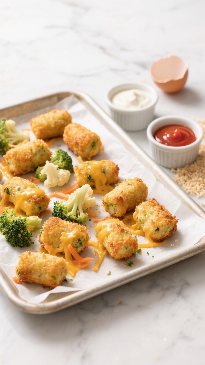Overhead shot of golden-baked cheesy veggie tots on a parchment-lined sheet pan, crisp edges visible, with flecks of finely grated broccoli/cauliflower and carrot showing through, melted shredded cheddar peeking at the seams; small ramekins of ketchup and ranch on the side, scattered panko-style breadcrumbs and a cracked egg shell in the background on a light marble surface, bright natural light, shallow depth for appetizing texture.