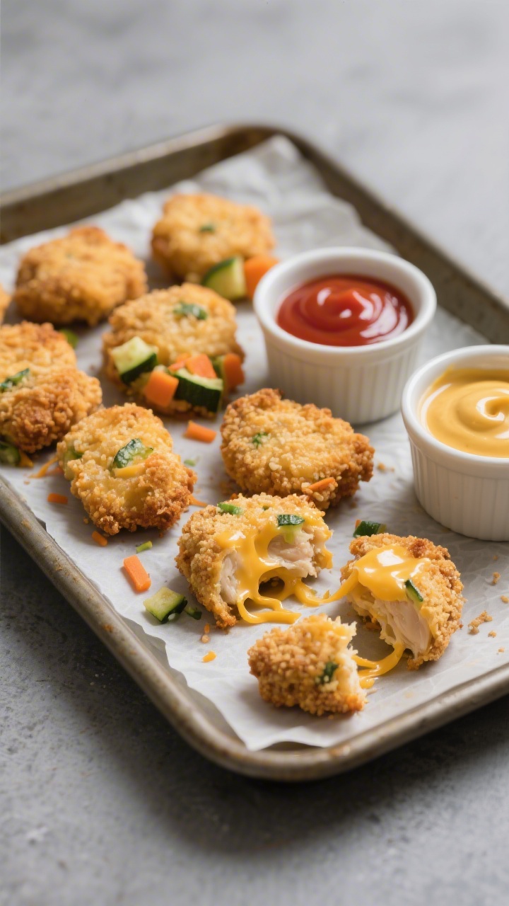 Overhead shot of golden-brown baked cheesy chicken veggie nuggets on a parchment-lined sheet pan, with visible flecks of finely grated zucchini and carrot in the tender interior of one broken-open nugget, melted sharp cheddar strands glistening, a small ramekin of ketchup and another of honey-mustard on the side, whole-wheat breadcrumb coating crisp and textured; neutral slate background, soft diffused light, shallow shadows, kid-friendly yet polished styling.