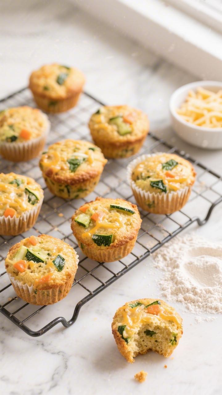 Overhead shot of golden-brown cheesy veggie mini muffins cooling on a wire rack, with visible flecks of finely grated zucchini, carrot, and chopped spinach inside the crumb; a small bowl of shredded cheese and a dusting of all-purpose/whole-wheat flour scattered on a light marble surface, one muffin torn open to show moist interior, soft natural window light, clean toddler-lunchbox vibe, no people.