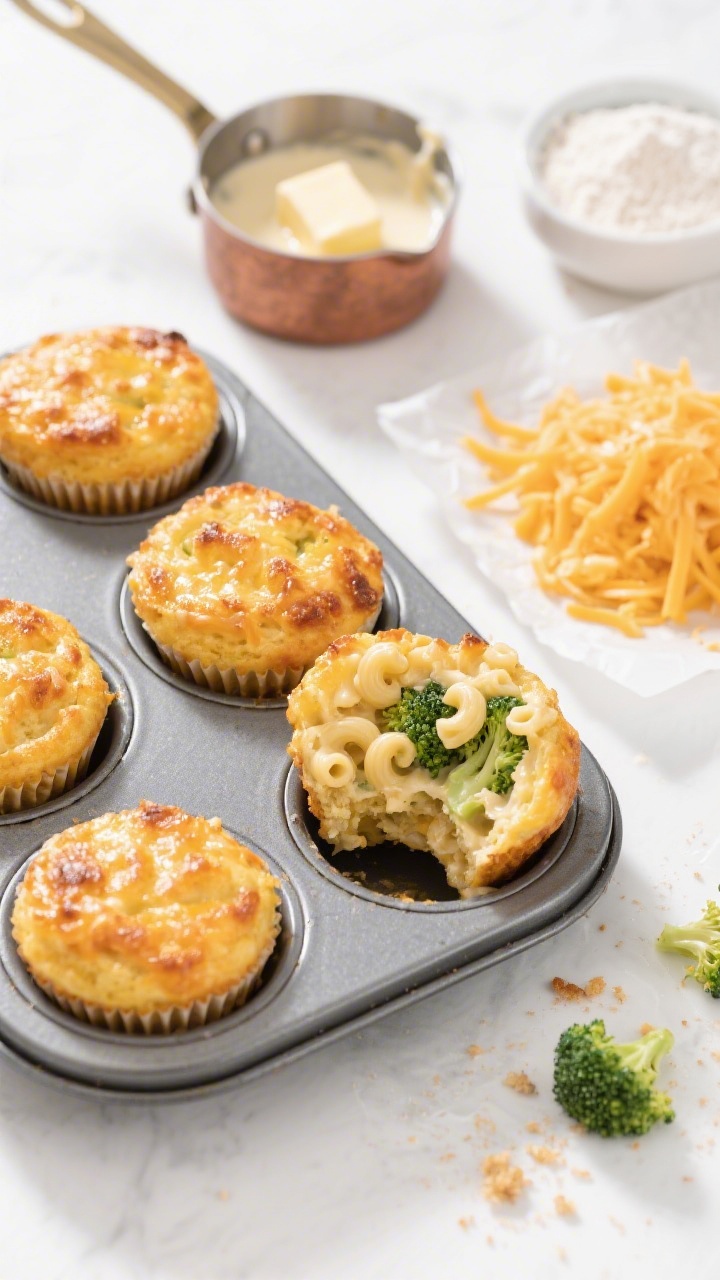 Overhead shot of mac and cheese muffin cups with hidden broccoli cooling in a muffin tin: individual golden, cheesy tops with crisped edges, one muffin cut open to reveal tender broccoli florets tucked into creamy elbow macaroni bound by cheddar; props include a small saucepan with butter, flour, and milk roux remnants, a pile of shredded sharp cheddar on parchment, and scattered broccoli crumbs; bright, family-friendly mood with a clean white surface for contrast.