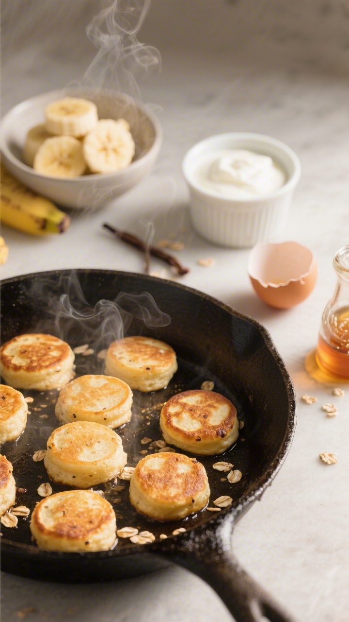 Overhead shot of mini fluffy banana oat pancake bites sizzling in a well-seasoned cast-iron skillet: golden-brown, bite-size rounds with visible oat flecks, a small bowl of mashed ripe banana, a ramekin of plain whole-milk Greek yogurt, a cracked egg, vanilla extract, and a drizzle of maple syrup off to the side; soft morning light, steam rising, minimal props, warm tones, focus on airy texture and self-flipping look