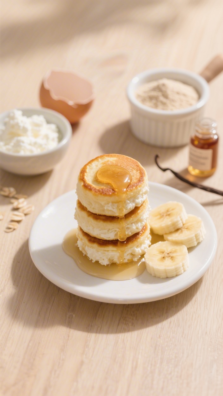 Overhead shot of mini fluffy cottage cheese pancake bites stacked on a toddler-sized white plate, golden edges with soft interiors visible, drizzled lightly with maple syrup and a few slices of banana on the side; prop styling shows a small bowl of full-fat cottage cheese, a cracked egg, oat flour in a ramekin, baking powder, and a tiny bottle of vanilla extract in the background on a pale wood surface; warm morning light, soft shadows, clean cozy vibe.