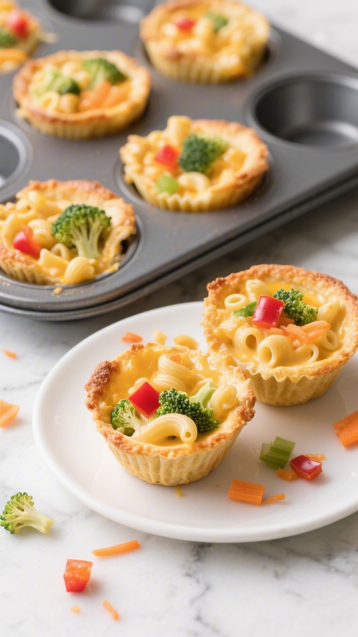 Overhead shot of mini mac ‘n’ cheese cups baked in a muffin tin, bursting with rainbow veggies: finely chopped broccoli florets, tiny red bell pepper dice, and grated carrot speckled throughout creamy cheddar sauce made from butter, flour, and milk, coating small elbow or mini shell pasta. Golden, slightly crisped tops, a few cups lifted onto a white plate, extra chopped veggies scattered around on a light marble surface, warm and inviting kid-friendly vibe.