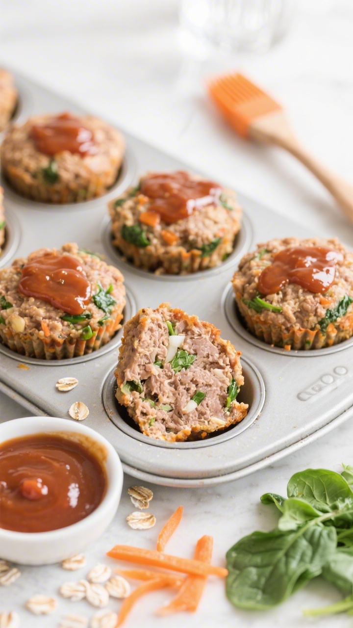 Overhead shot of mini turkey veggie meatloaf muffins fresh from a muffin tin, each glazed with a glossy maple ketchup topping. Visible flecks of finely grated carrot, baby spinach, and minced onion in the lean ground turkey mixture; quick oats texture on the cut surface. Styled on a light sheet pan with a small bowl of maple ketchup glaze and a silicone brush, a few raw grated carrot shreds and chopped spinach scattered for context. Clean, bright toddler-friendly mood, soft natural window light, crisp focus on the muffins’ juicy interior and sticky glaze.