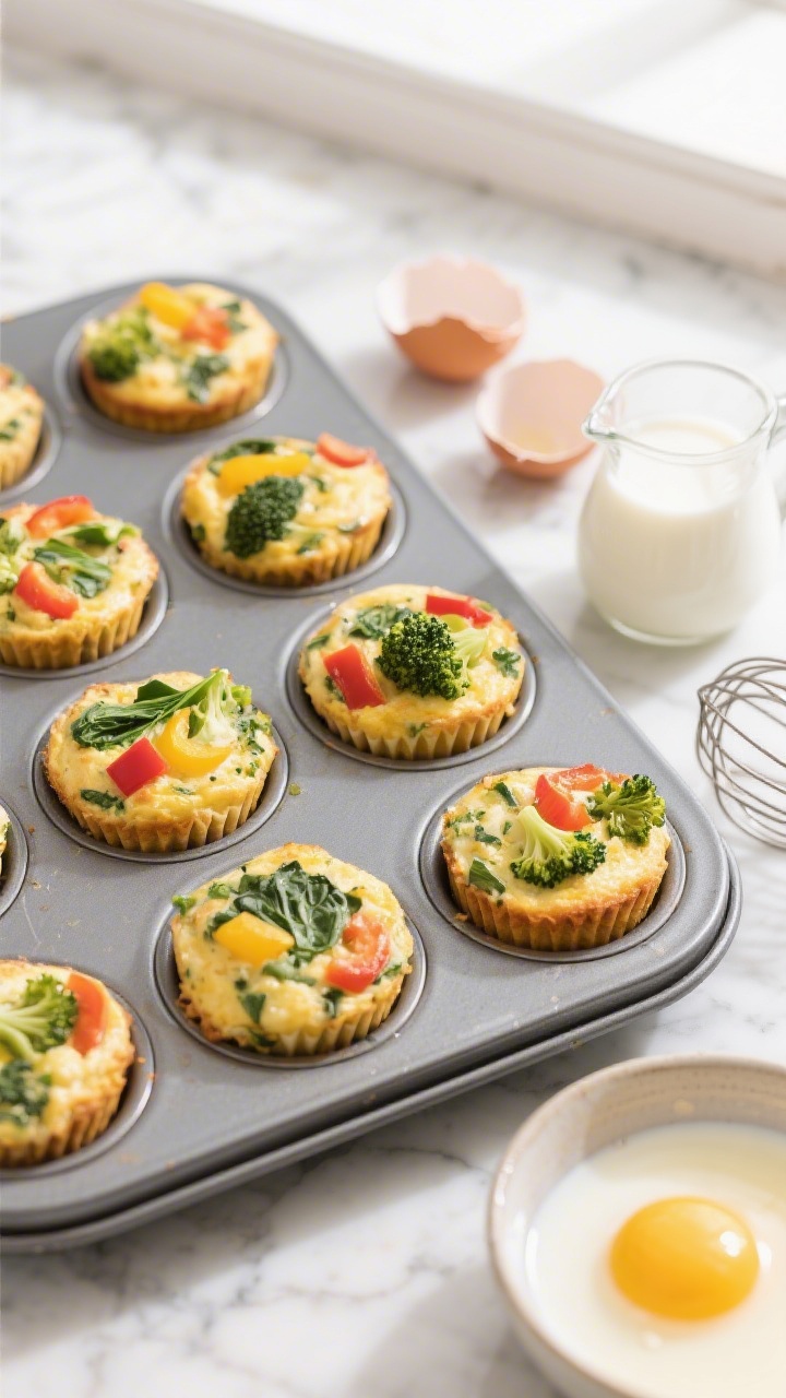 Overhead shot of mini veggie egg muffins just out of the oven in a nonstick muffin tin, golden edges and fluffy centers. Visible flecks of finely chopped spinach, red and yellow bell pepper, and tiny broccoli florets in each muffin. A small pitcher of milk and cracked eggshells off to the side, with a whisk and a bowl showing the egg-milk mixture. Bright, kid-friendly styling on a light marble surface, soft natural window light, crisp focus, no people.