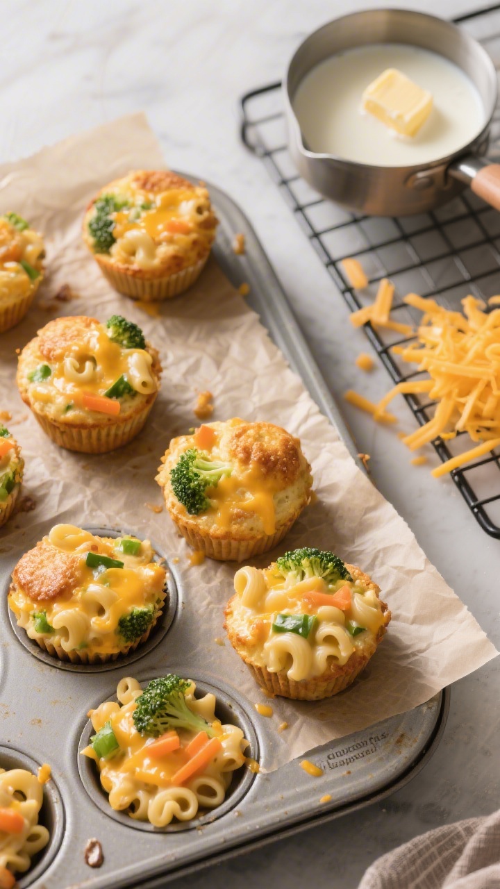 Overhead shot of mini veggie mac muffins fresh from the oven, golden and cheesy on a parchment-lined muffin tin. Visible tiny elbows pasta bound in a creamy cheddar sauce, with flecks of finely chopped broccoli and carrot peeking through. A small saucepan with a butter-flour roux and whole milk nearby, shredded mild cheddar scattered, and a cooling rack with a few muffins missing to suggest they “disappeared fast.” Warm, inviting light, crisp texture on tops, melty interiors.