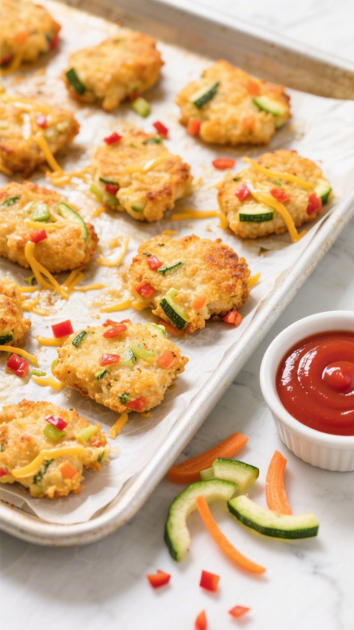 Overhead shot of Rainbow Chicken Veggie Nuggets fresh from the oven on a parchment-lined sheet pan: golden-brown bite-size nuggets studded with finely grated zucchini and carrot plus tiny red bell pepper flecks, melted mild cheddar threads visible on the surface; a small ramekin of ketchup on the side, a few raw rainbow veggie scraps (zucchini ribbons, carrot shavings, minced red pepper) scattered for context; bright, kid-friendly mood, crisp textures, clean light, no people.