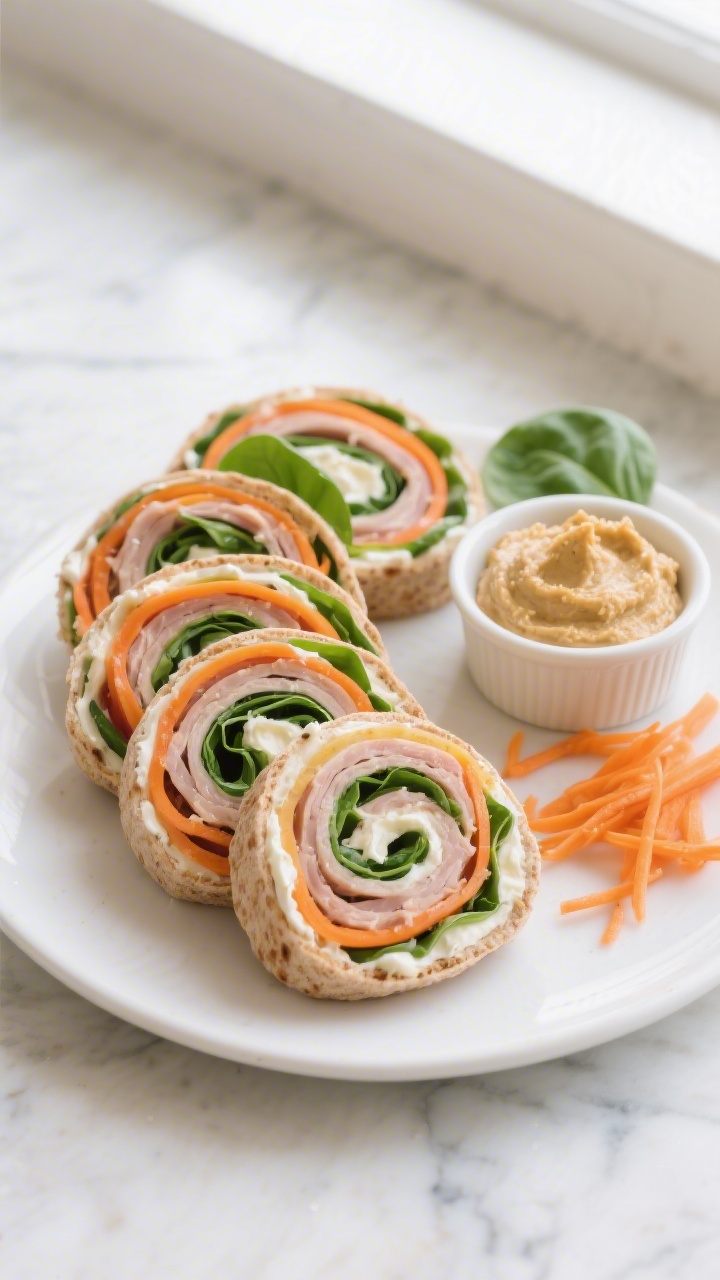 Overhead shot of rainbow pinwheel sandwiches sliced into neat spirals and arranged in a gradient on a white platter: whole-wheat tortillas spread with cream cheese, layered with deli turkey, ribbons of finely shredded carrots, and baby spinach leaves showing bright orange and deep green swirls; a small ramekin of hummus on the side, a few loose spinach leaves and carrot shreds scattered for styling on a light marble surface, soft natural window light, crisp focus, kid-friendly vibe.