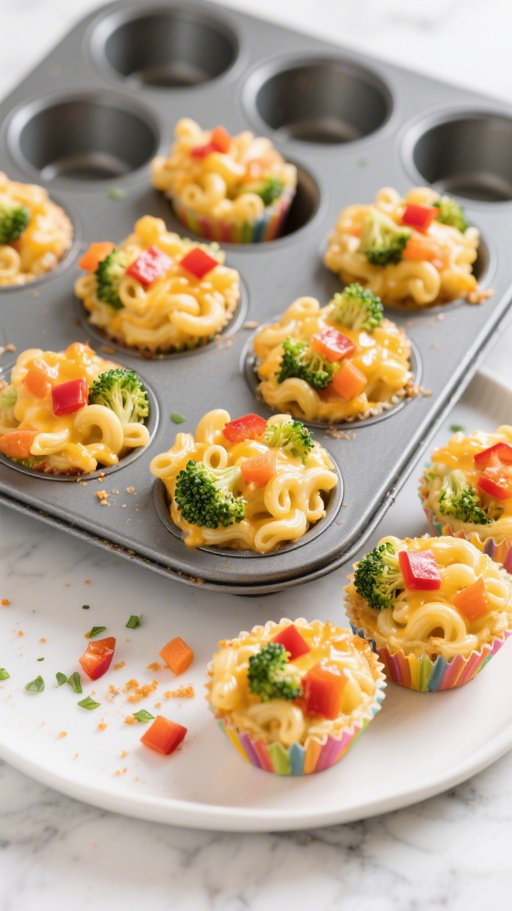 Overhead shot of rainbow veggie mac ‘n’ cheese baked in mini muffin cups: tiny golden macaroni-and-cheese nests studded with finely chopped broccoli florets, red bell pepper dice, and flecks of grated carrot, creamy cheddar sauce clinging to elbow macaroni, set in a nonstick mini muffin pan with a few cups removed and plated on a white ceramic plate; visible butter, flour roux notes in the glossy sauce; bright, kid-friendly styling on a light marble surface with a sprinkle of extra micro-diced peppers and broccoli crumbs for texture, natural soft daylight, crisp focus, no people.