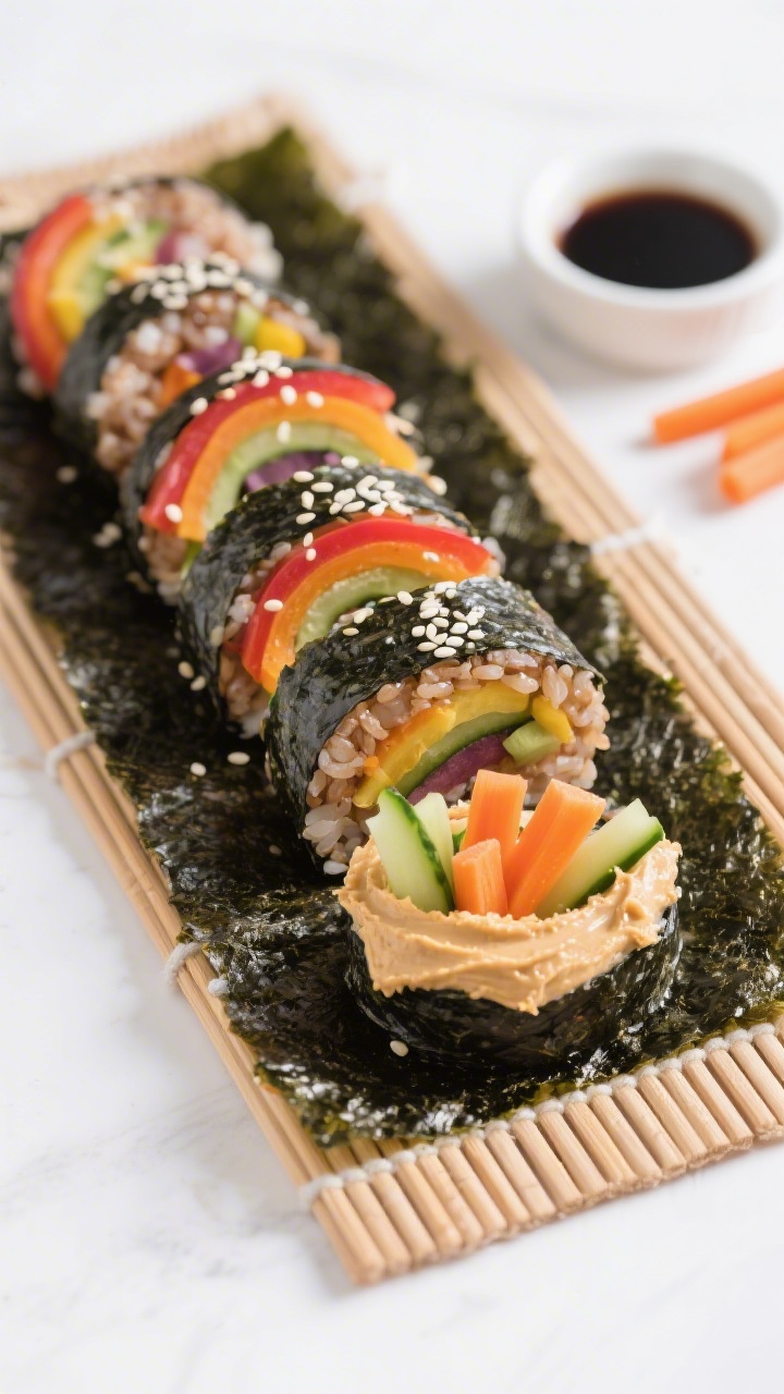 Overhead shot of rainbow veggie sushi rolls on a bamboo mat: glossy nori sheets wrapped around a layer of cooled brown rice and a thick swipe of hummus, tightly encasing thin matchsticks of cucumber, carrot, and bell pepper in rainbow order. Rolls sliced into neat rounds, sesame seeds sprinkled, a small ramekin of soy sauce and a few extra veggie sticks on the side. Clean, bright lighting, crisp textures of seaweed and vegetables emphasized, minimalist white surface.