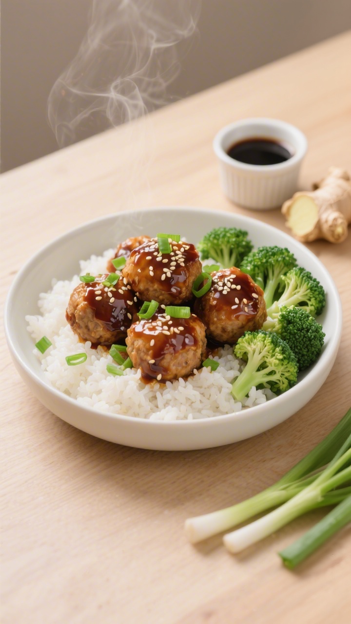 Overhead shot of sticky teriyaki chicken meatballs glazed and glossy, sprinkled with sesame seeds and sliced green onion greens, served over fluffy white rice with bright green steamed broccoli florets on a matte white shallow bowl; include a small ramekin of low-sodium soy sauce, visible grated fresh ginger nub and green onion whites off to the side; warm, neutral lighting, soft steam rising, Japanese-inspired minimal styling on a light wood surface.