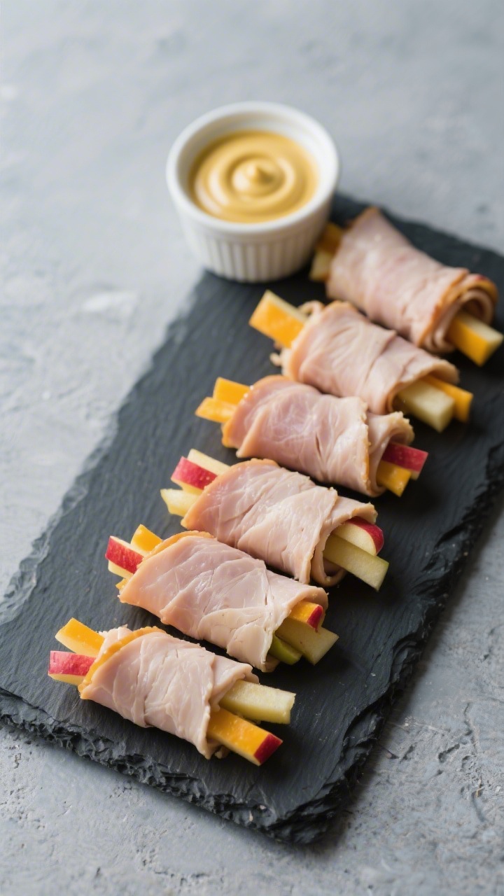 Overhead shot of turkey-cheddar apple roll-ups neatly lined on a slate board: thin deli turkey wrapped around cheddar strips and crisp apple matchsticks, ends showing colorful apple striations; a tiny ramekin of Dijon or honey mustard brushed lightly inside a few pieces; clean slices, tight spirals, glistening turkey; cool-toned background, minimal props for a fresh, snackable vibe.