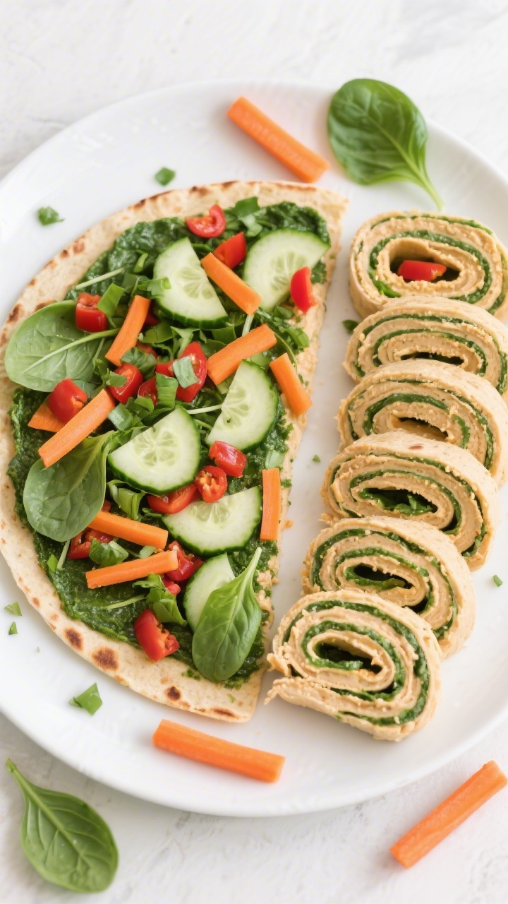 Overhead shot of Veggie Hummus Pinwheels in vibrant slices: a large spinach (or tomato-basil) tortilla spread edge-to-edge with hummus (classic or roasted red pepper), scattered with roughly chopped baby spinach, matchstick carrots, and thinly sliced cucumbers, then rolled and cut into even spirals. Arrange on a white platter with a few loose spinach leaves and carrot sticks for color contrast. Bright, fresh, crunchy textures; clean, airy styling.