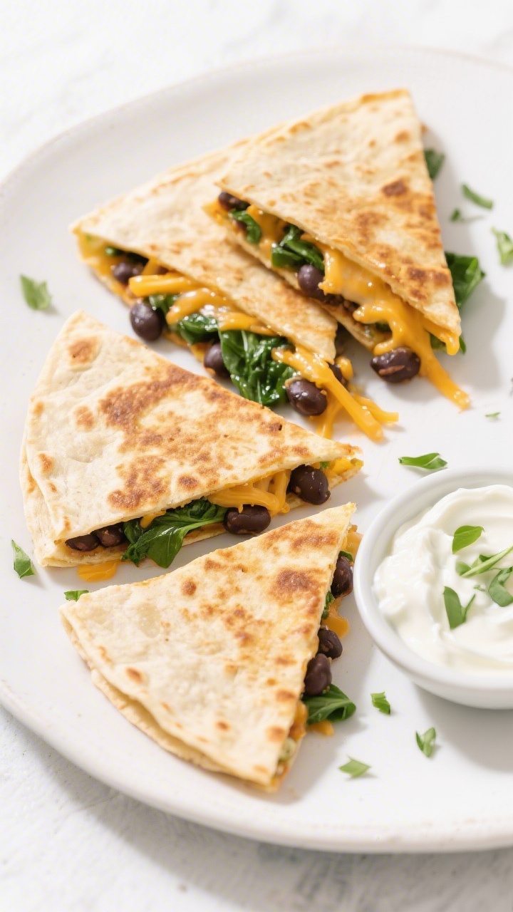 Overhead shot of veggie-loaded quesadilla triangles with creamy bean spread: small flour tortillas folded and crisped golden, layered with mashed black beans whisked with plain Greek yogurt, finely chopped spinach (or mild veg) tucked in, and a generous melt of shredded Mexican blend/mild cheddar oozing at the cut edges. Triangles fanned on a white ceramic plate, a small bowl of extra bean-yogurt spread, and a sprinkle of micro-chopped spinach scattered around. Bright, clean lighting for maximum melt appeal.