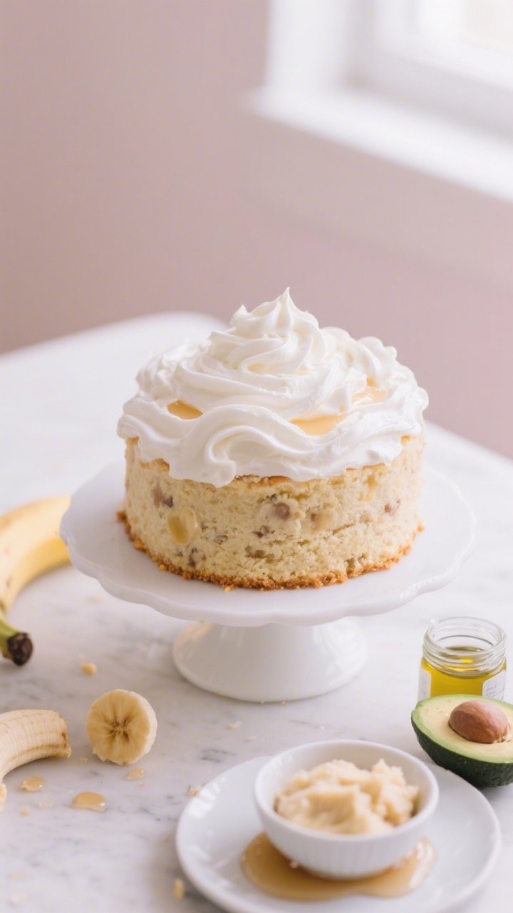 Overhead smash-cake moment: a small, single-layer Banana Cloud Smash Cake on a white cake stand, tender crumb visible with flecks of ripe banana, lightly frosted with soft yogurt whip; swirls and swoops of glossy white yogurt topping, a light drizzle of maple syrup pooled on the plate, a small bowl of mashed bananas and a jar of avocado oil off to the side; muted pastel backdrop, natural window light, minimal props to emphasize baby-friendly softness.