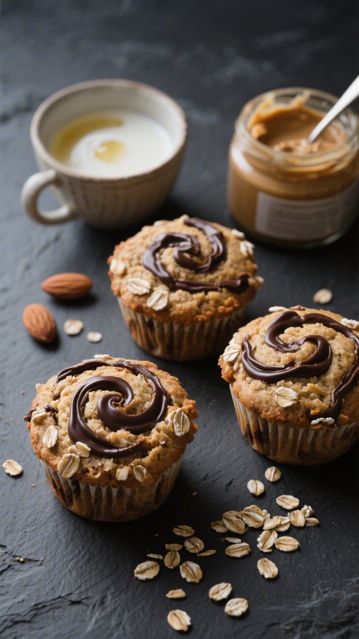 Overhead swirl-focused close-up of almond butter oat muffins with chocolate swirl: rustic muffin tops with dramatic dark chocolate ribbons, speckled quick oats and tender almond flour crumb visible; a small cup with almond milk mixed with apple cider vinegar (curdled), a jar of creamy almond butter with a spoon, and a few oats scattered on a slate background; moody lighting for treat-like appeal.