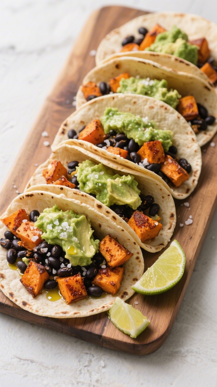 Overhead taco board of soft sweet potato and black bean tacos with avocado smash: warm small tortillas filled with cumin- and smoked paprika-dusted roasted sweet potato cubes (lightly caramelized), black beans, and a generous smear of creamy avocado mash; tiny sprinkle of salt crystals, a drizzle of olive oil sheen, lime wedges off to the side; vibrant orange, inky black, and fresh green color contrast; rustic wooden board, clean styling, irresistibly tender, no human elements.