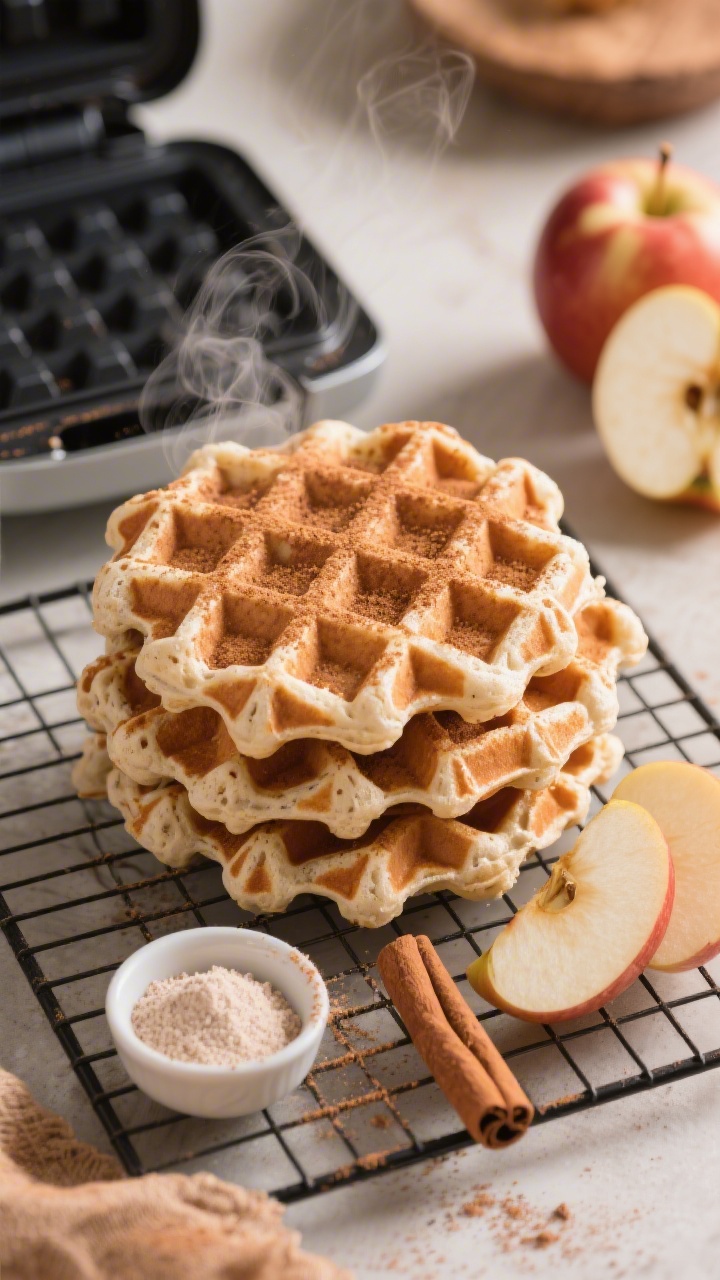 Overhead waffle iron release shot of apple cinnamon protein waffles: crisp grid pattern dusted with cinnamon, made from white whole wheat flour and vanilla protein powder, steam faintly visible; apple slices and a small bowl of cinnamon-baking powder mix nearby, baking soda in a tiny pinch bowl; stacked waffles on a cooling rack with warm, cozy autumnal tones.