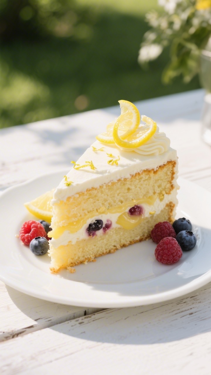Plated garden-party presentation of a Lemon-Berry Cake slice with creamy lemon curd: tender lemon cake made from cake flour, baking powder, a hint of baking soda and fine salt, granulated sugar perfumed with fresh lemon zest; layers filled with silky lemon curd and studded with mixed berries, topped with a light swirl of frosting and lemon zest curls, a few fresh berries on the plate; photographed at 45 degrees outdoorsy vibe on a whitewashed table, bright natural light, crisp colors.