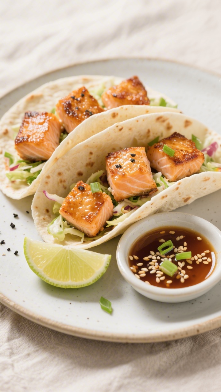 Plated presentation at 45 degrees of crispy honey-garlic salmon bites tucked into soft tortillas as speedy slaw wraps: bite-size salmon cubes coated in cornstarch, pan-seared to a crisp exterior and glazed with a glossy honey–garlic–soy sauce, sprinkled with black pepper and salt. Paired with a crunchy slaw tucked into each wrap, lime wedge on the side, and a small dish of extra glaze. Garnished with sesame seeds and thin green onion slices. Fresh, vibrant, and glistening, shot on a light ceramic plate over a neutral linen, controlled highlights to emphasize crisp texture.