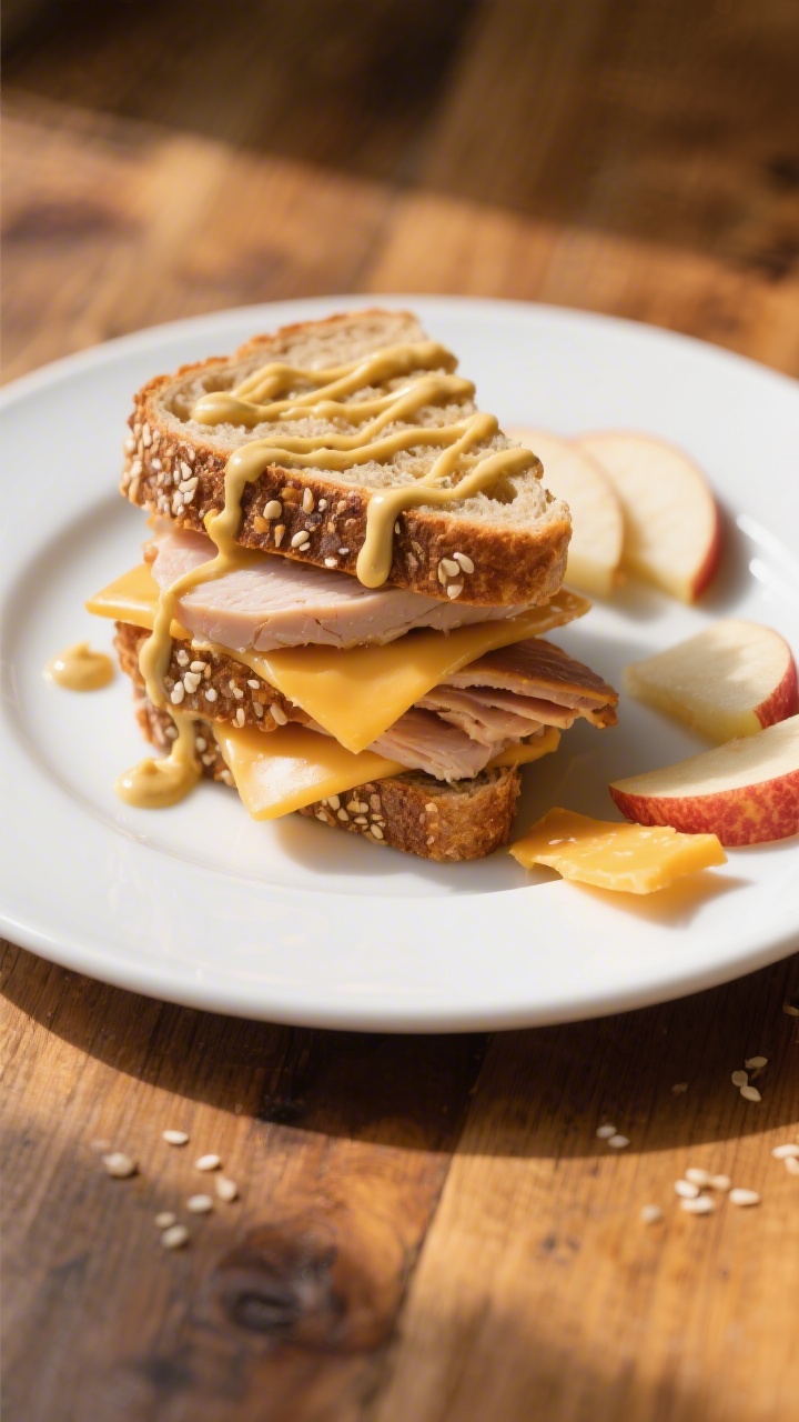 Plated presentation at a 45-degree angle of turkey apple cheddar stackers with honey-mustard drizzle: whole-grain bread slices topped with thin layers of roasted turkey, sharp cheddar slices, and crisp Honeycrisp apple fans; a visible swipe of mayo and Dijon honey-mustard drizzle zigzagging over the stackers, a few extra apple slices and cheddar shards on the plate, sesame-sprinkled crusts, bright autumnal palette, clean white plate on a maple wood table, natural daylight.