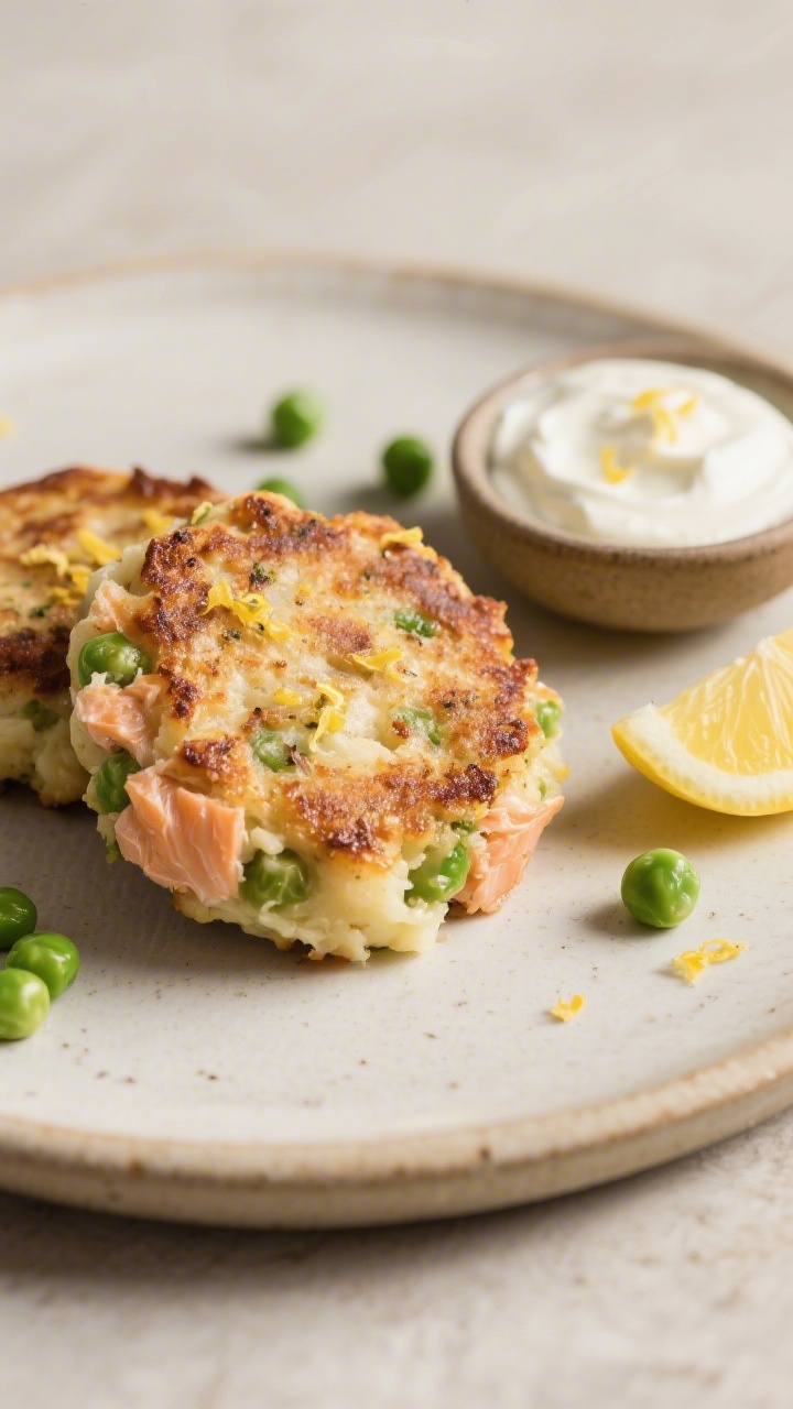 Plated presentation of salmon pea patties with lemon yogurt dip at a 45-degree angle: crisp-edged patties made from flaked canned salmon, mashed potato, and lightly mashed peas, seared to a light golden crust. Served on a simple ceramic plate with a dollop of lemon yogurt dip in a small bowl, lemon zest sprinkled on top, a few extra peas scattered, and a wedge of lemon for brightness; soft daylight highlighting flaky texture.