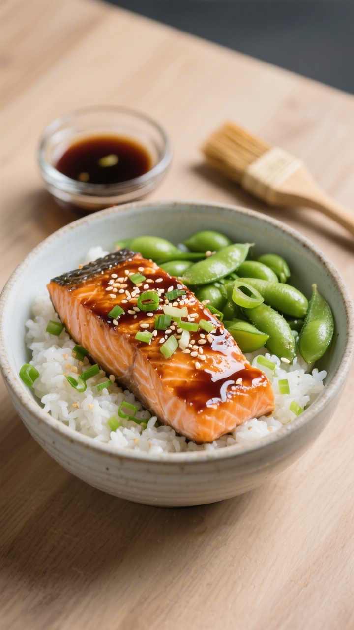 Plated presentation, straight-on shot of Teriyaki Salmon Rice Bowls: glossy salmon fillets lacquered with soy-tamari, honey, rice vinegar, and fresh ginger glaze over fluffy white rice; bright green edamame “confetti” scattered across, thinly sliced scallions and sesame seeds sprinkled on top; small glass bowl of teriyaki sauce with a brush nearby; high-contrast, appetizing sheen, modern ceramic bowl on a light wood surface.