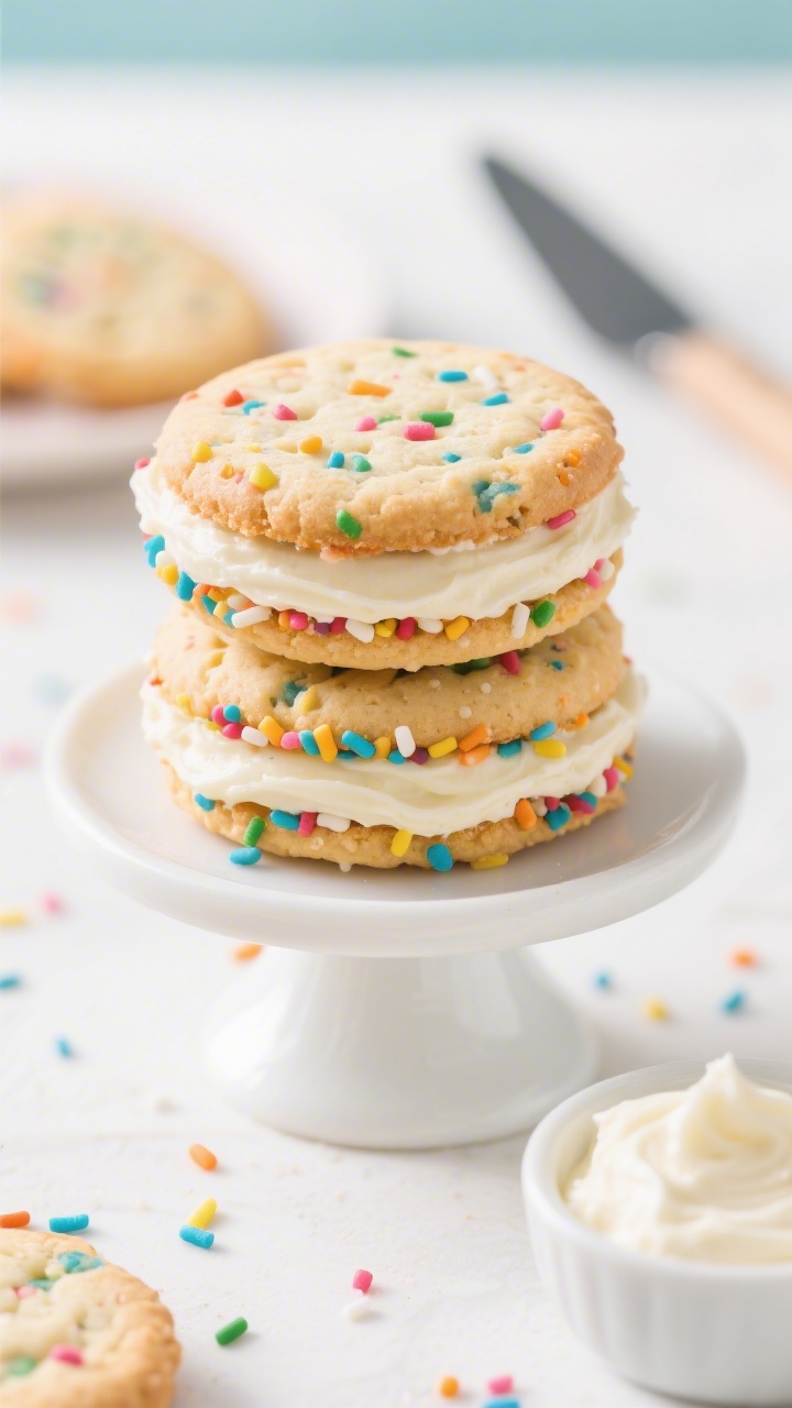 Plated, straight-on hero shot of Frosted Funfetti Sandwich Cookies: two cookies sandwiched with a thick layer of vanilla frosting, rainbow sprinkles pressed into the frosting edges, soft funfetti speckles baked into the cookies themselves; a neat stack of sandwiches on a white cake stand with stray sprinkles scattered around, a small bowl of frosting and an offset spatula blurred in the background; bright, joyful color palette, high-key lighting, appetizing creamy frosting texture.