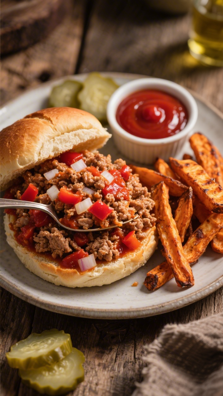 Rustic family-dinner overhead flat lay: a heaping spoonful of cozy turkey sloppy joe mixture—ground turkey simmered with tomato sauce, finely chopped onion and red bell pepper—piled onto toasted buns, the saucy filling glistening with a deep red hue. On the side, crisp sweet potato waffle fries with light charred edges, a ramekin of ketchup, and a few quick pickle slices for brightness. Olive oil sheen visible on the filling; warm, homey lighting, high contrast to emphasize the textures of craggy fries and chunky, saucy turkey.