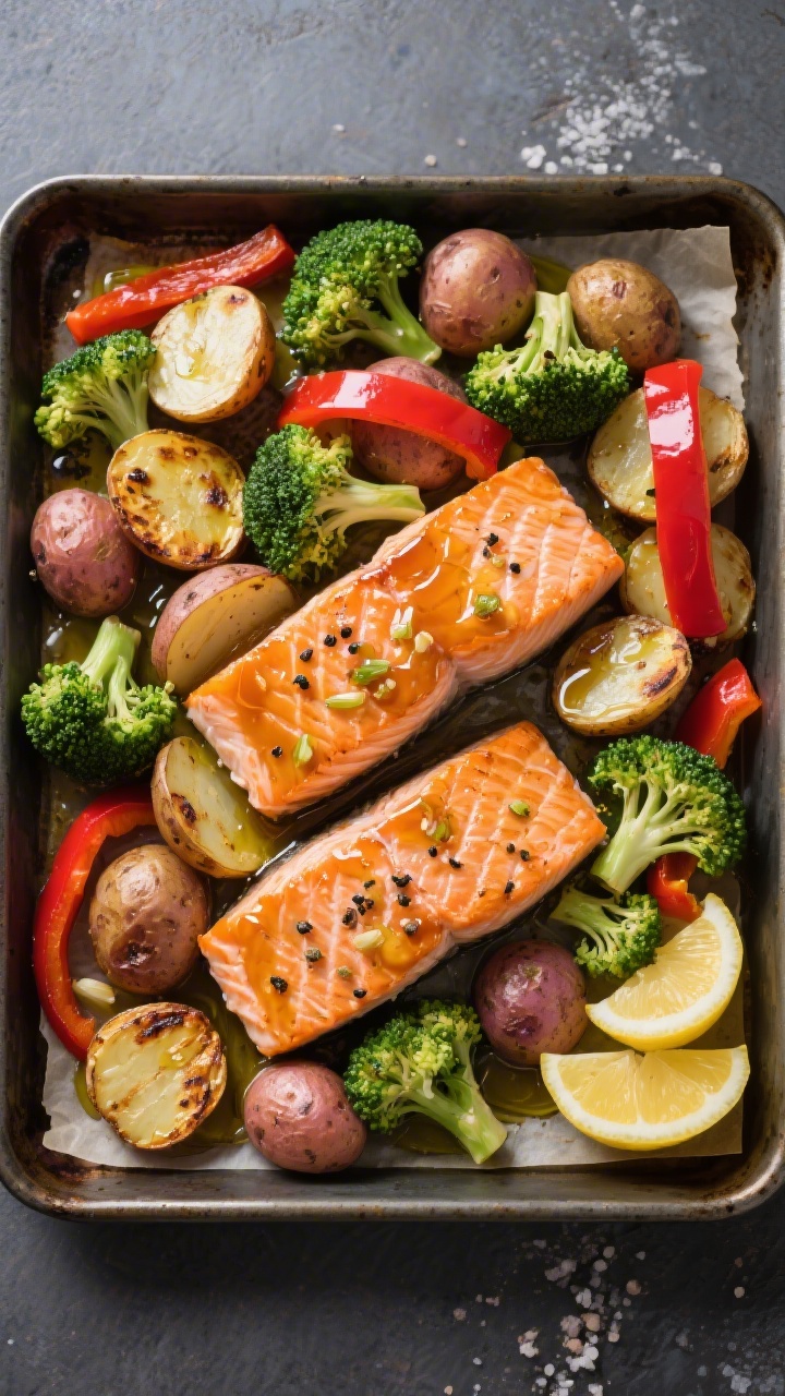 Sheet pan ingredient-to-finish scene, overhead: honey-garlic glazed salmon fillets (skin-on) nestled among halved baby potatoes, bright broccoli florets, and red bell pepper strips. Everything lightly slicked with olive oil, salt, and black pepper; potatoes showing caramelized edges, salmon lacquered with a sticky glaze. Rainbow colors pop against a dark metal sheet pan lined with parchment, lemon wedges at the corner, subtle oven-roast char for appetizing realism.