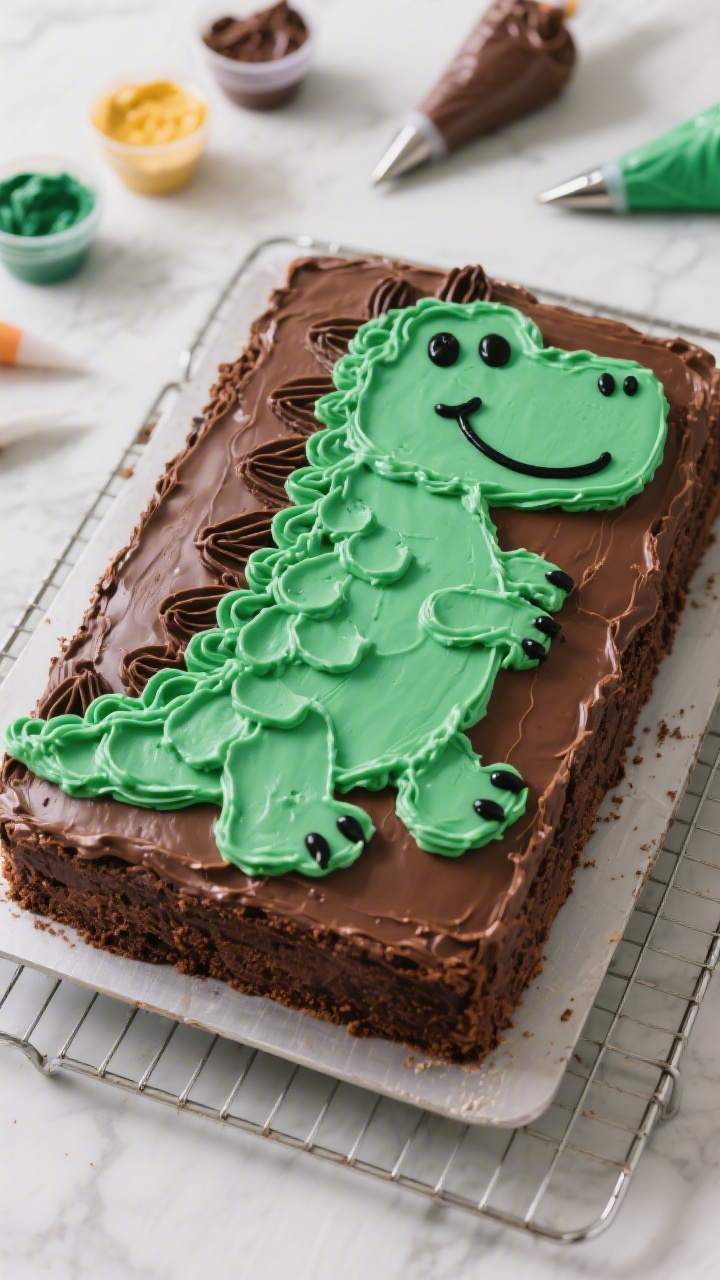 Straight-on 45-degree angle shot of a Friendly Dinosaur Sheet Cake on a baking rack: a 13x9-inch chocolate cake fully cooled, crumb-coated with chocolate buttercream and finished with smooth green-tinted vanilla buttercream; chunky buttercream “scales” piped along the back in darker green, chocolate buttercream outlines for a smiling cartoon face, black gel accents for nostrils and eye details, a few bowls of gel food coloring and piping tips in the background; rich textures, glossy buttercream highlights.