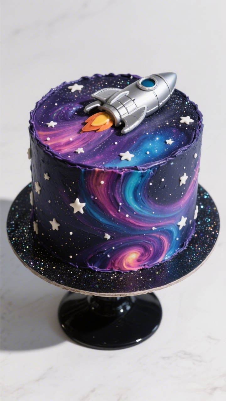 Straight-on 45-degree angle shot of a Galaxy Blast Rocket Ship Cake: a tall, butter-based vanilla cake made with all-purpose flour, baking powder, baking soda, fine salt, granulated sugar, unsalted butter, and eggs, iced in a dark navy-purple buttercream with galaxy swirls, white star speckles, and a silver rocket ship detail; vibrant nebula colors (indigo, magenta, cobalt) blended smoothly; placed on a matte black cake stand with edible glitter “stardust” on the surface; crisp professional lighting to make the cosmic swirls pop.