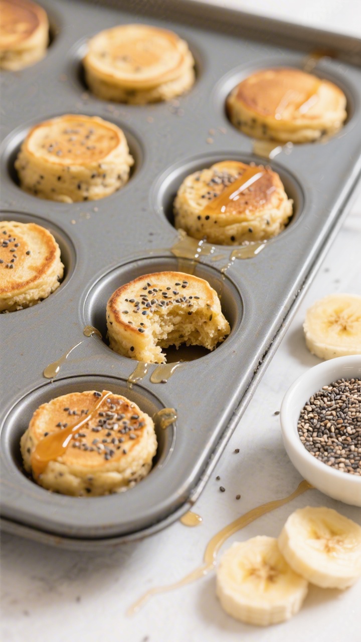 Straight-on baking tray scene of pancake bites with banana and chia, fresh from the oven: mini muffin tin filled with golden, puffed bites made from smooth mashed ripe banana, milk, egg, vanilla, and a hint of maple; chia seeds speckled throughout; a few bites cut open to show moist, tender crumb; drizzle thread of maple nearby, scattered banana slices and a small bowl of dry chia seeds; bright morning light, freezer-friendly batch vibe.